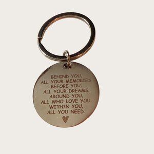 Round Metal Keychain Keyring With Inspirational Quote and Heart Design